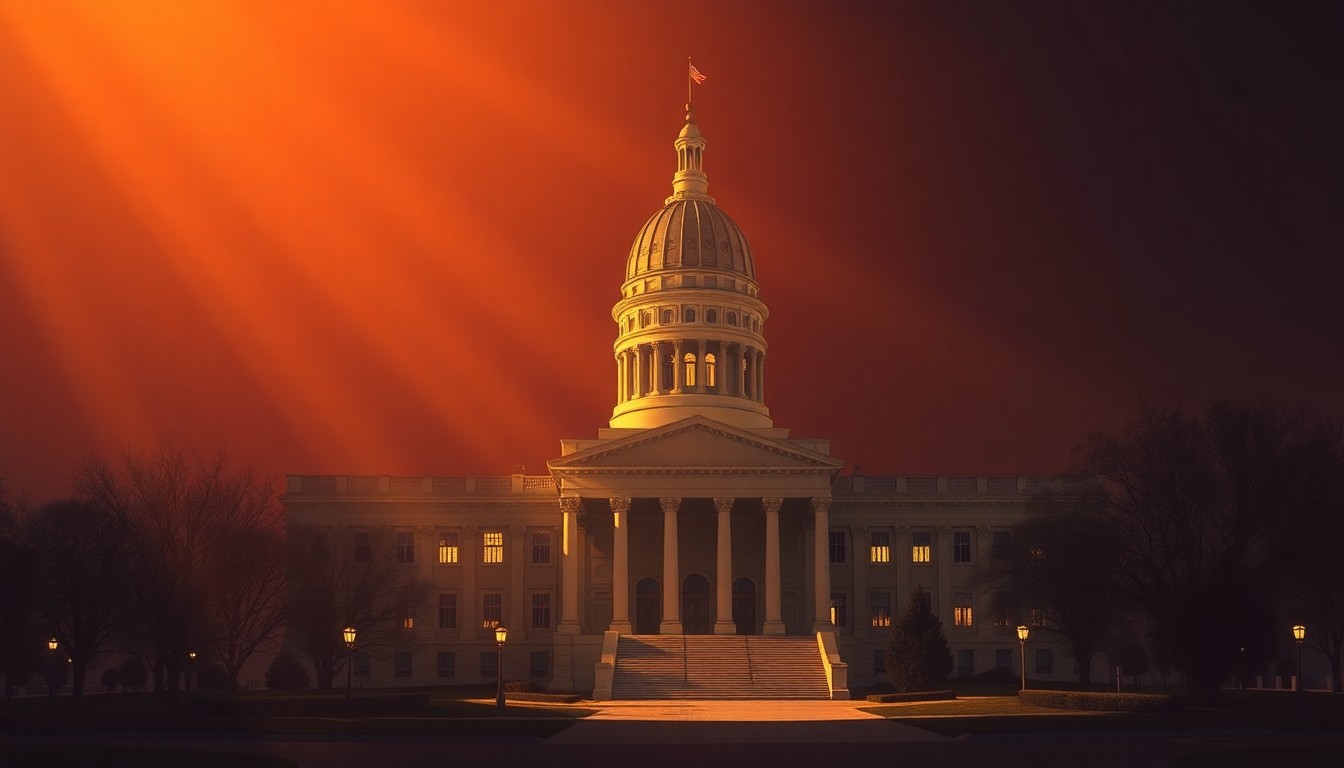 A photorealistic painting of the Nebraska State Capitol building in a warm, cinematic style, with the building bathed in diagonal sunlight and deep shadows, conceptually representing the political tensions surrounding security measures at the statehouse.