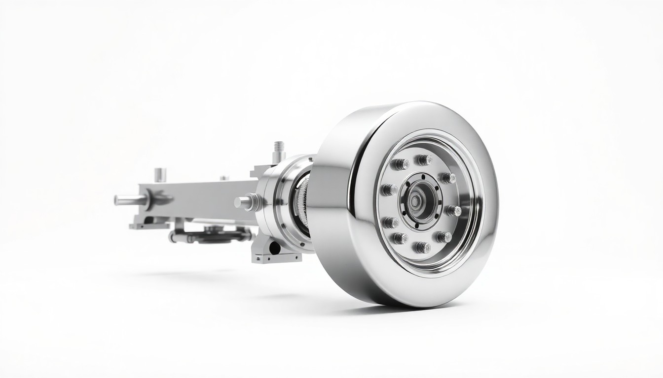 A highly reflective, chrome-plated fire truck chassis component, such as a wheel or suspension part, floating on a clean white background and dramatically lit to symbolize the alleged price gouging in the fire truck supply market.