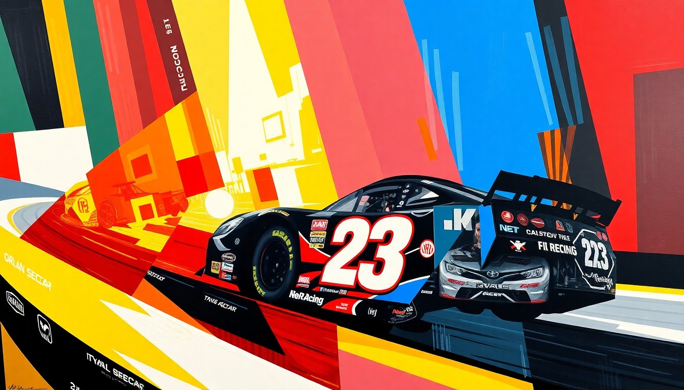 A fractured, geometric painting depicting a NASCAR race scene, with sharp planes of color representing the cars and track. The vibrant colors of 23XI Racing and Tyler Reddick's car are the focal point, conveying the intensity and excitement of the sport.