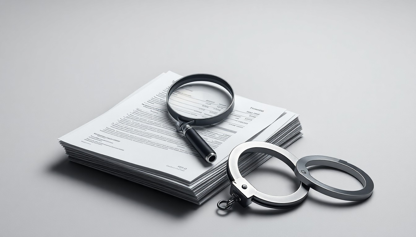 A photorealistic studio still life featuring a stack of financial documents, a magnifying glass, and a pair of handcuffs, symbolizing the careful examination and pursuit of justice in high-stakes fraud cases.