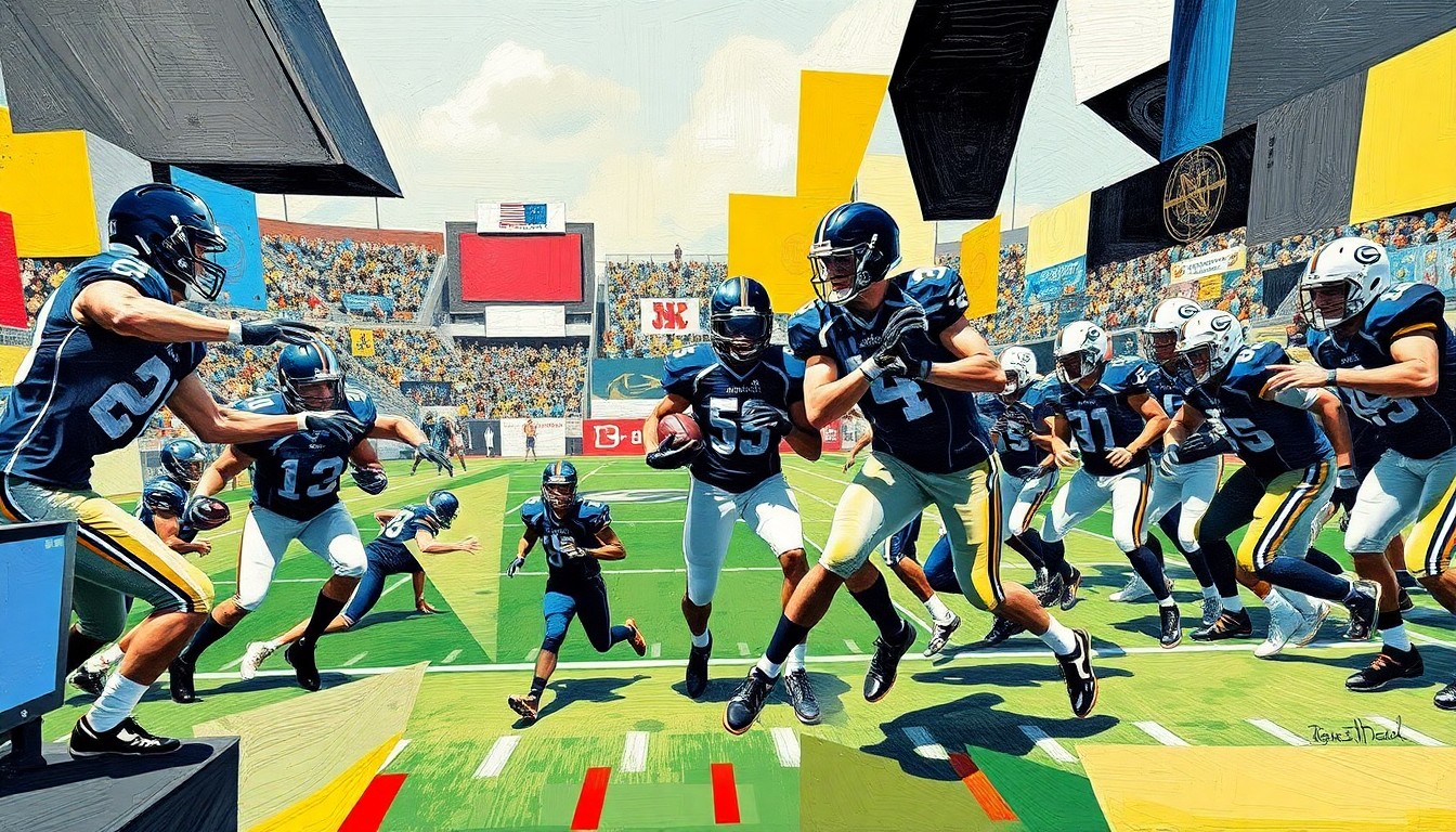A cubist-style painting depicting a high school football combine event, with players shown in various stages of movement and competition, their forms broken down into overlapping geometric shapes and planes in a dynamic, energetic composition.