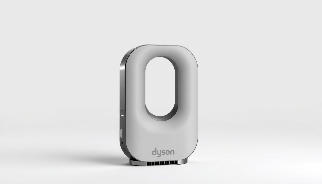 An extreme close-up of the Dyson Hushjet Compact Purifier, showcasing its sleek, minimalist design with clean lines and smooth matte surfaces, conceptually representing the device's ability to effectively purify the air while blending seamlessly into any home environment.