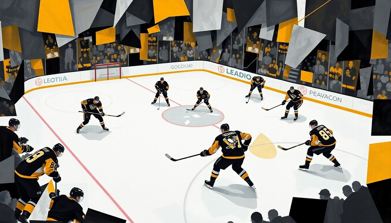 A fragmented, cubist-style painting depicting a Penguins hockey game, with the players and ice rendered in sharp, overlapping geometric shapes and planes in the team's black and gold colors, capturing the dynamic energy of the sport.