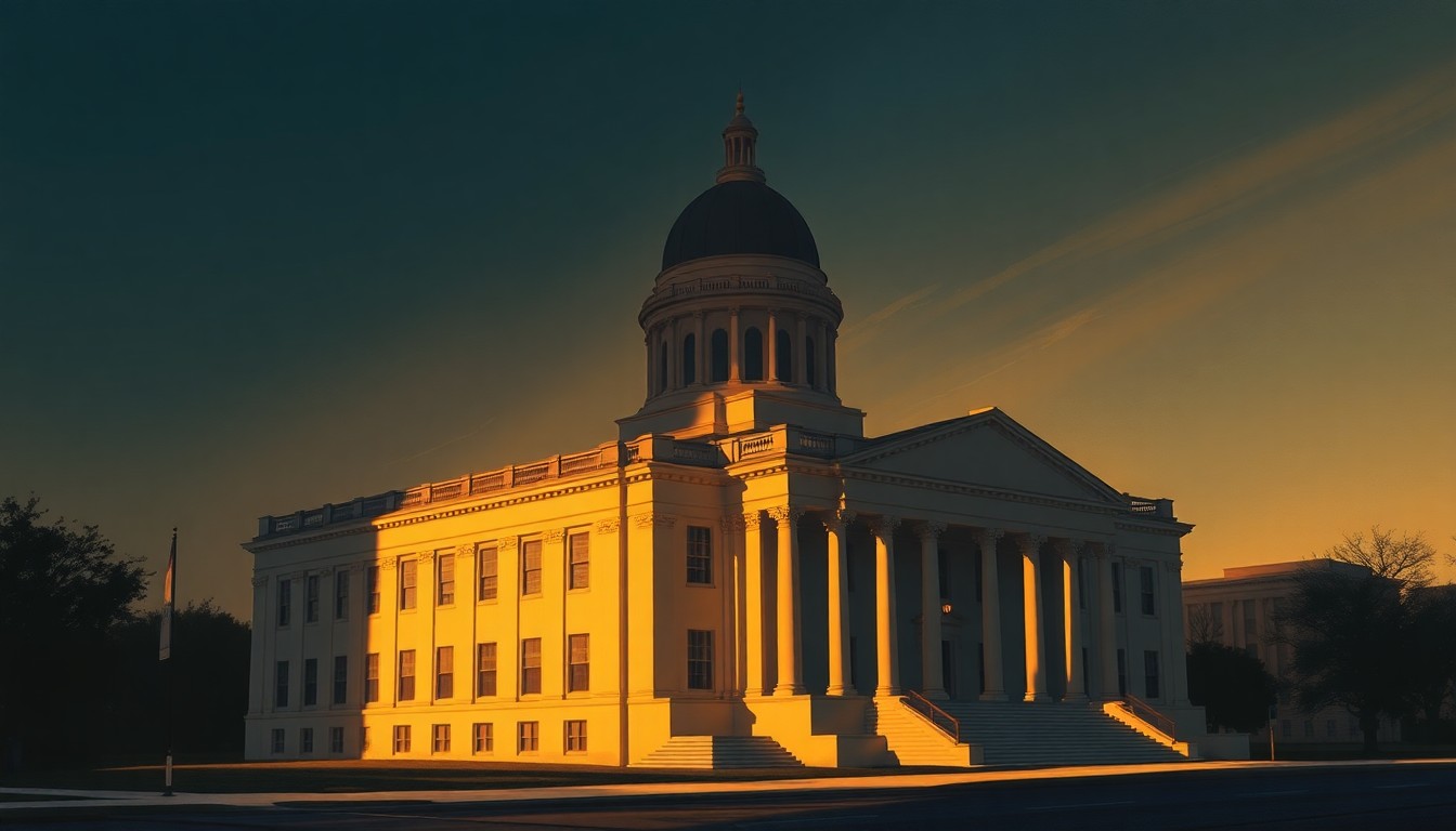 A photorealistic painting of a state capitol building in Tennessee, with the structure bathed in warm, golden light and deep shadows, conveying a sense of quiet contemplation and civic pride.