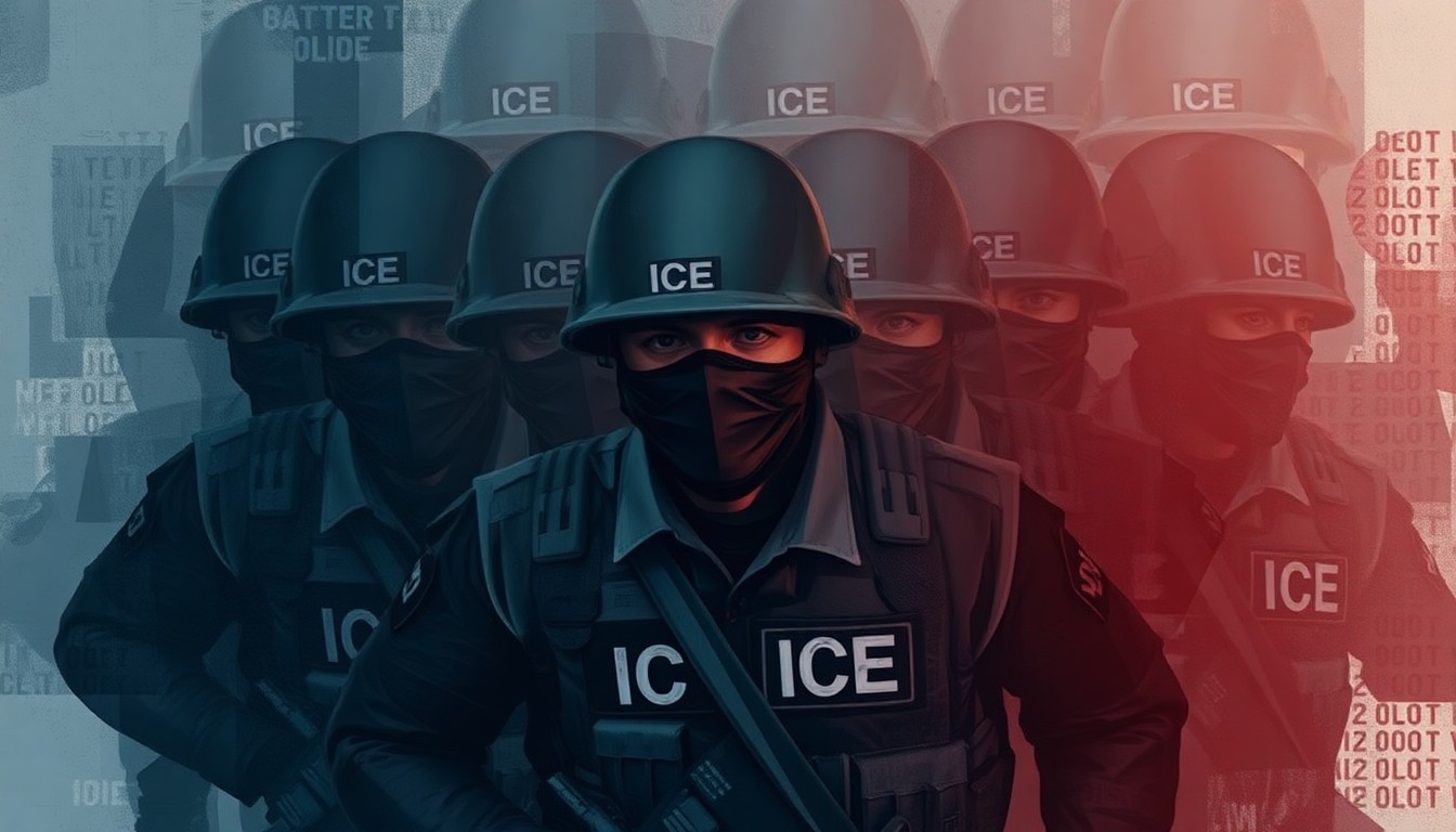 A dynamic, fragmented painting depicting the blurred figure of an ICE agent in motion, their face obscured, conveying a sense of unease and lack of transparency around immigration enforcement.