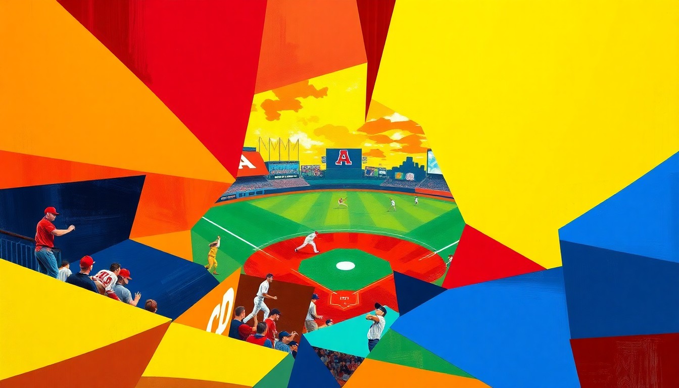 A cubist-style painting featuring overlapping geometric shapes and planes in the official team colors of Oregon State and CSU Fullerton, conveying the dynamic action and competitive spirit of a college baseball game.