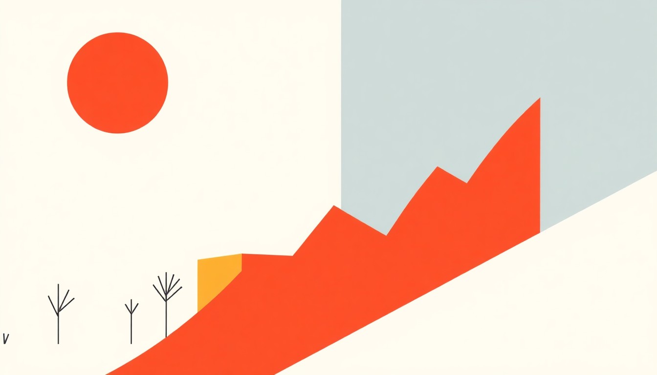 An abstract geometric illustration using bold shapes and primary colors to conceptually represent trends in a small town's municipal budget and economic indicators.