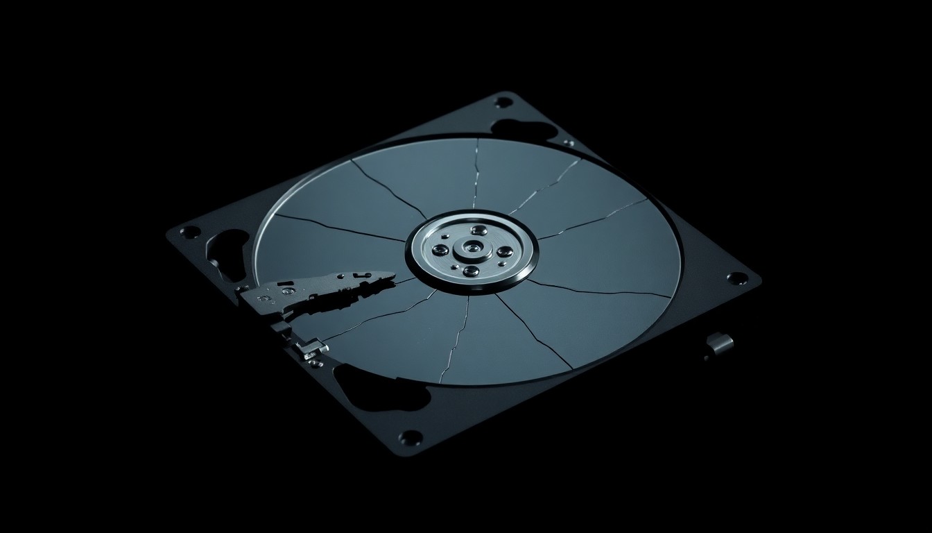An extreme close-up photograph of a cracked and damaged computer hard drive, conceptually representing the evidence of internet-based crimes against children.