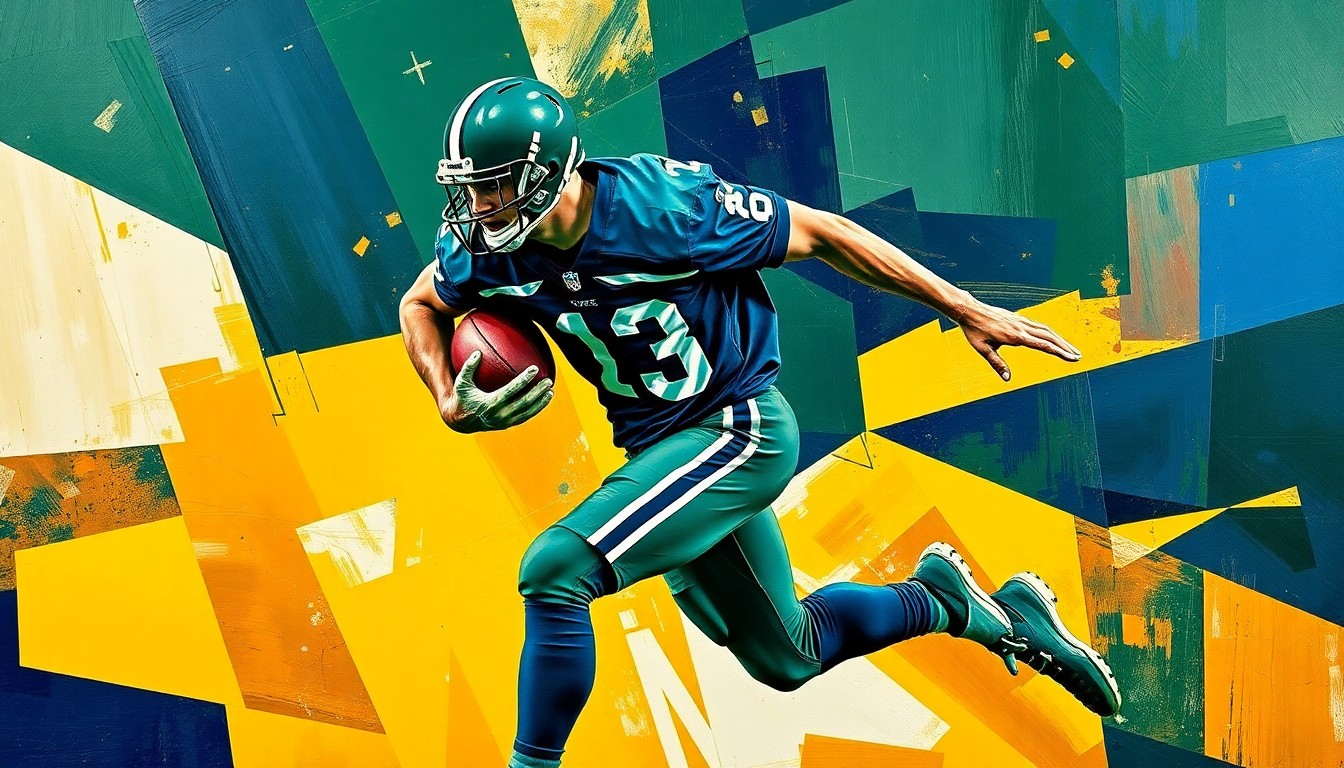 A fractured, multi-perspective painting depicting a football player in mid-motion, broken down into sharp, overlapping geometric planes in a vibrant color palette of navy, green, and gold, capturing the raw energy and movement of the sport.