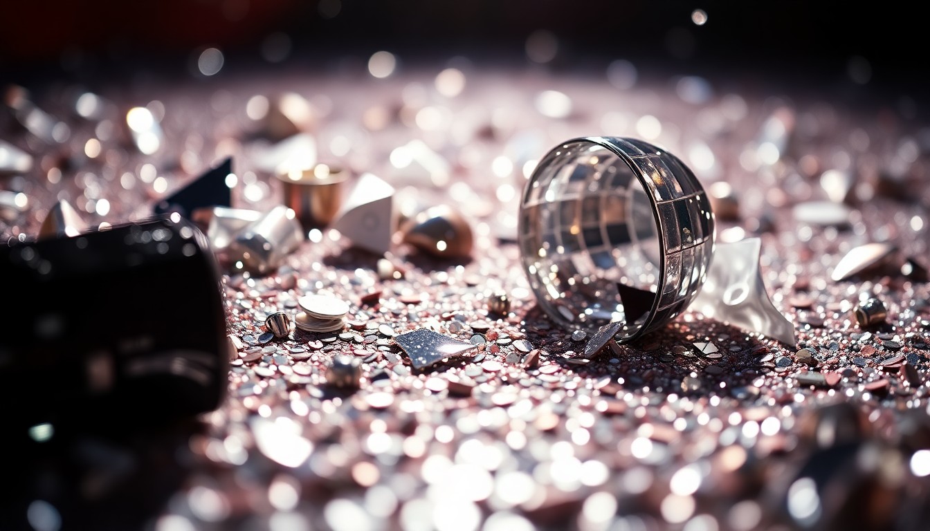 An abstract close-up image of shimmering sequins and shattered glass, capturing the glamour and high-energy of a music performance.