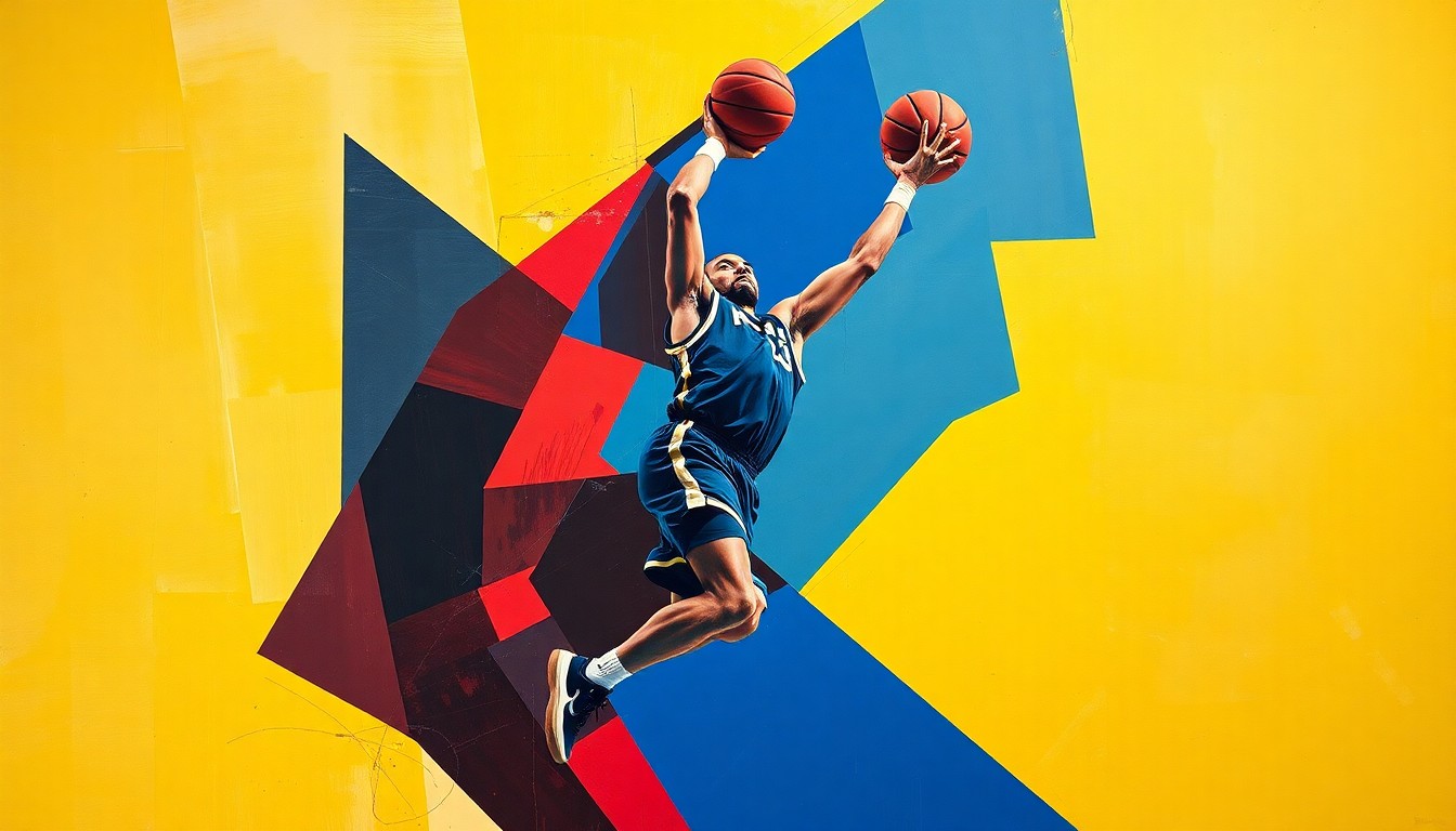 A cubist-style painting depicting a basketball player in mid-jump shot, with the figure broken down into sharp, overlapping geometric shapes in a palette of navy, red, and yellow, conveying the dynamic energy and high stakes of the NBA playoffs.