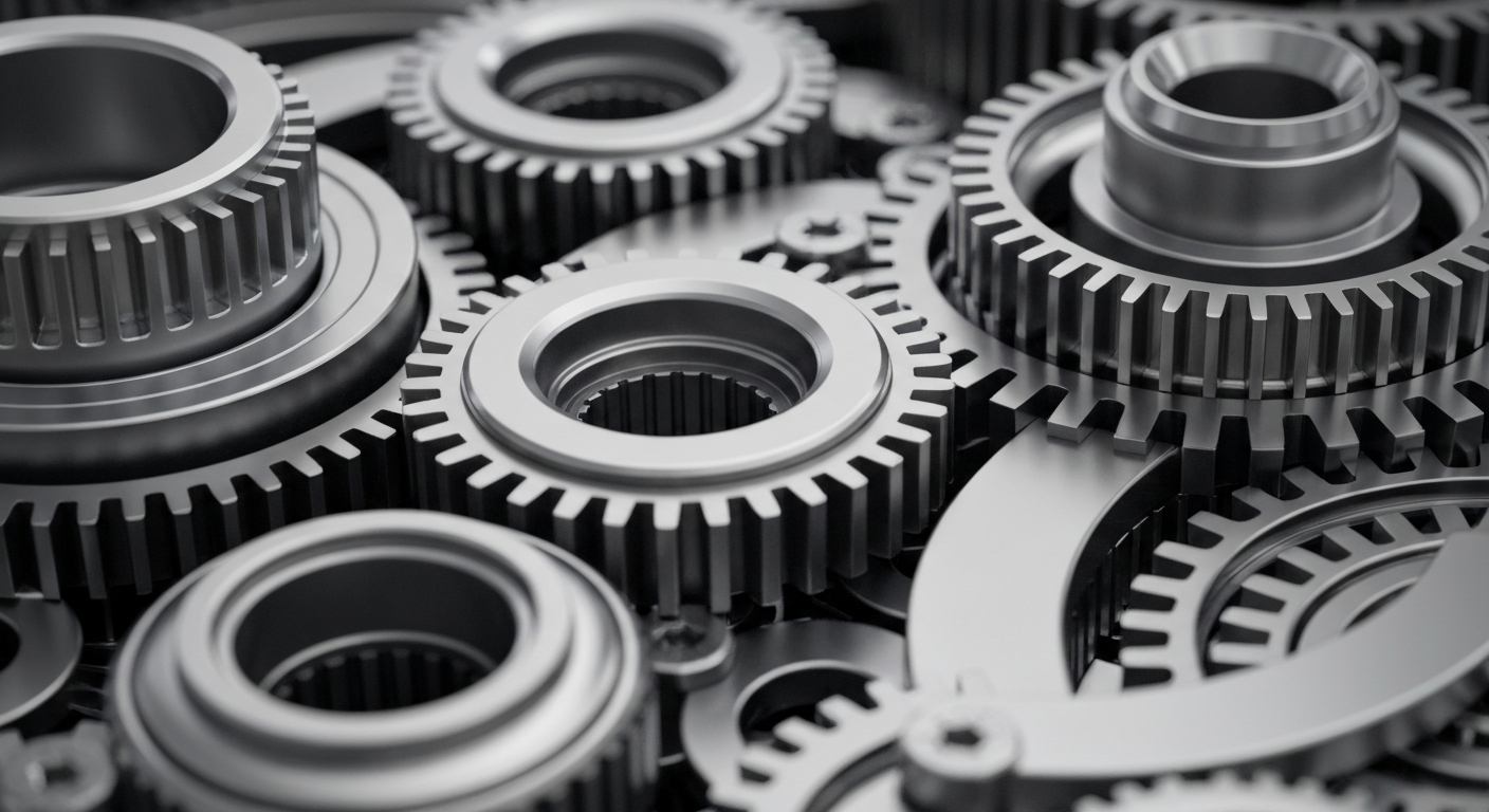 An extreme close-up of highly detailed, interlocking metal gears and machinery in shades of silver, steel, and gunmetal grey, conveying the complex, industrial nature of Qualcomm's semiconductor technology.