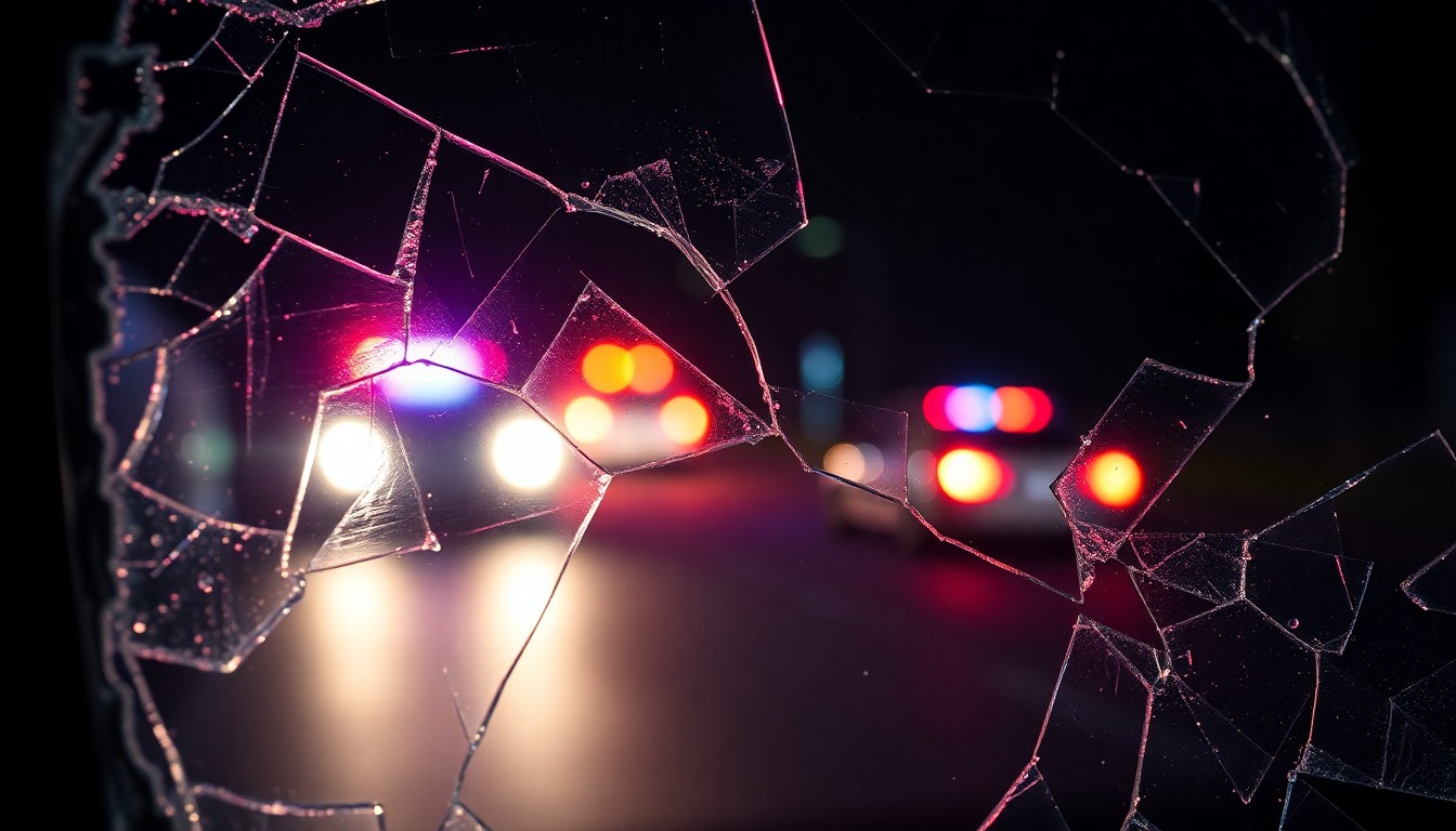 An extreme close-up photograph of shattered car window glass reflecting the faint glow of emergency vehicle lights, creating a stark, gritty, and investigative aesthetic that conceptually illustrates the aftermath of a violent crime scene.