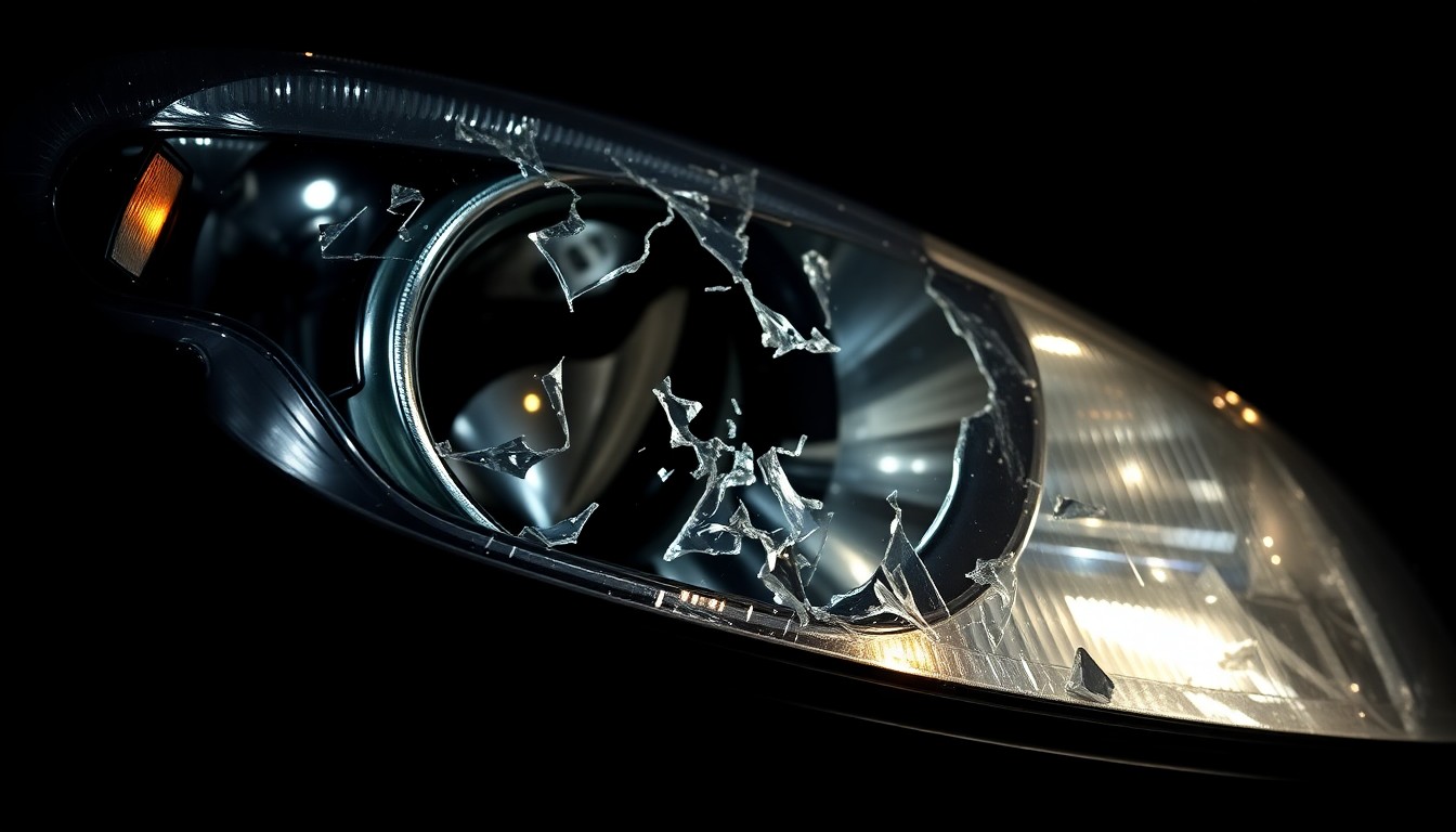An extreme close-up of a shattered car headlight lens reflecting a faint glow, conceptually representing the aftermath and lasting impact of a serious car accident.