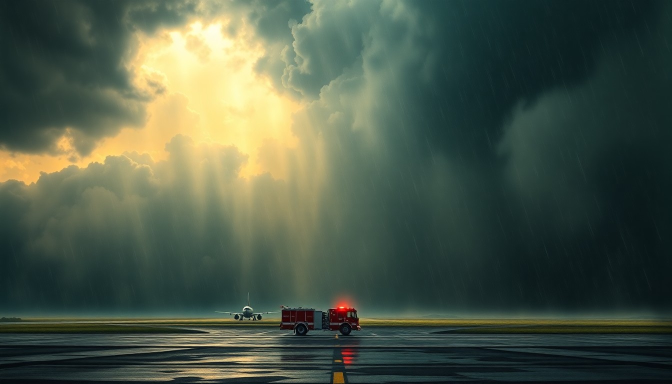 A vast, atmospheric landscape painting in muted tones of gray, blue, and green, with a hazy, rain-soaked airport runway and the obscured form of a fire truck in the foreground, dwarfed by the overwhelming scale of the storm clouds and dramatic lighting above.