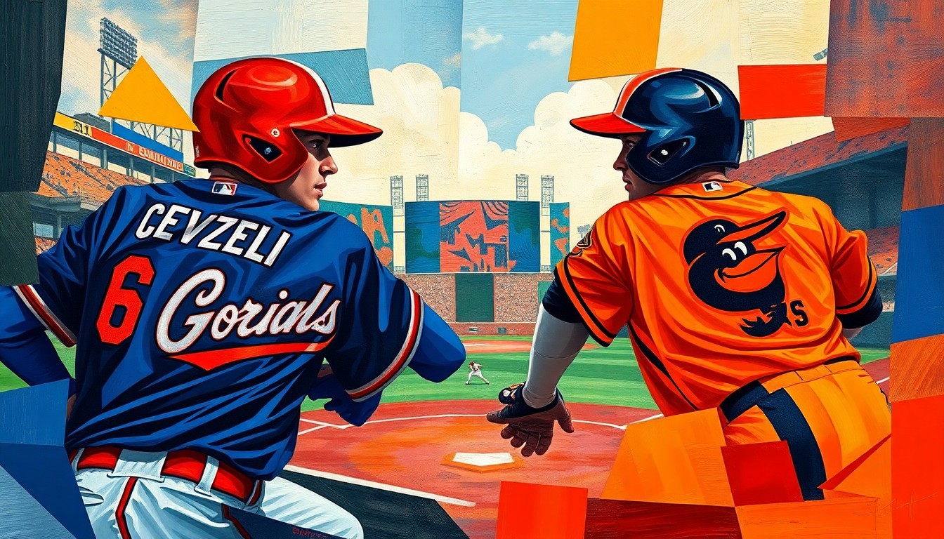 A cubist, geometric painting depicting a baseball game between the Cleveland Guardians and Baltimore Orioles, with the players and field fragmented into overlapping planes of vibrant colors.