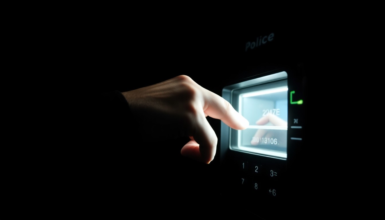 An extreme close-up photograph of a police officer's hand punching a biometric time clock, creating a stark, gritty, and investigative aesthetic that conceptually represents the NOPD's efforts to address overtime issues.