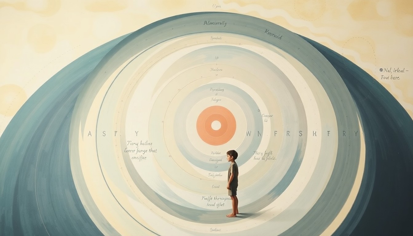 A bold, abstract painting in soft colors depicts sweeping geometric shapes, concentric circles, and intersecting waveforms, conceptually representing the complex scientific forces behind a child's unique ability to perceive an unusual environmental phenomenon.