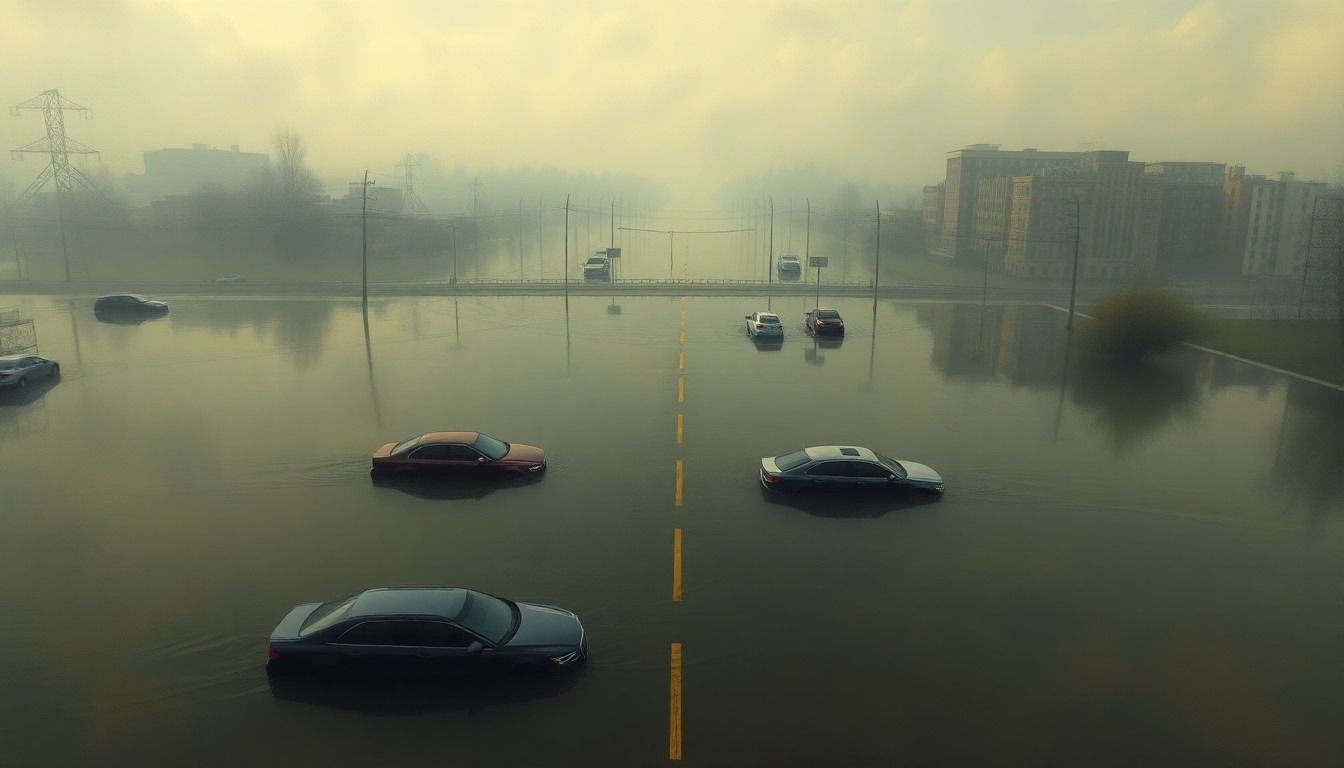 A vast, atmospheric landscape painting depicting a flooded urban intersection, with only the tops of submerged vehicles visible above the murky, reflective waters, conveying the overwhelming power of nature and the insignificance of human structures in the face of extreme weather.