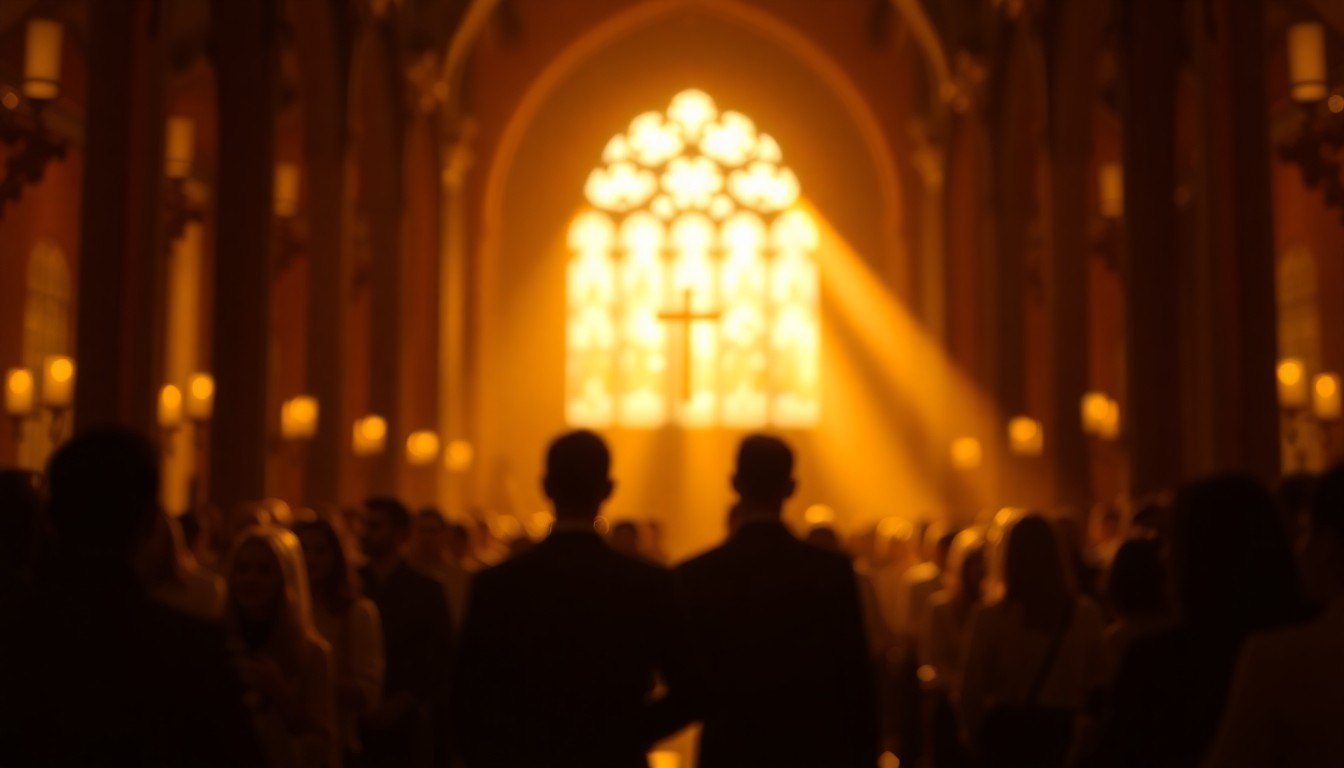 An extremely abstracted, out-of-focus photograph of a church interior filled with soft, golden light and blurred silhouettes, conceptually representing a solemn memorial gathering.