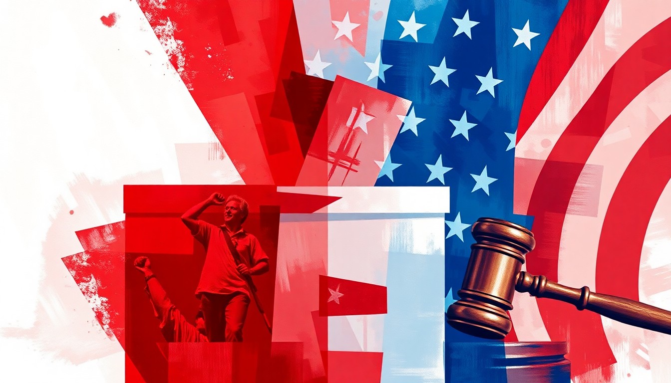 A dynamic, fragmented painting featuring a ballot box, American flag, and gavel in bold, overlapping geometric shapes and vibrant colors, conceptually representing the high-stakes political contest.