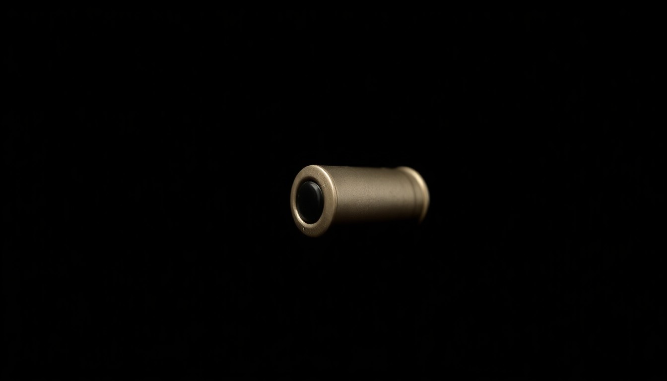An extreme close-up of a metallic 9mm shell casing, its surface texture and details dramatically illuminated by a harsh, direct camera flash against a pitch-black background, conceptually representing the violent crime at the center of this story.