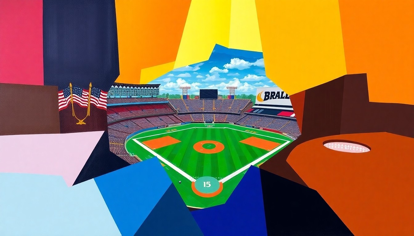 A cubist, geometric painting depicting the overlapping shapes and planes of a football stadium, baseball diamond, and golf course, rendered in the official colors of Minnesota's sports teams.
