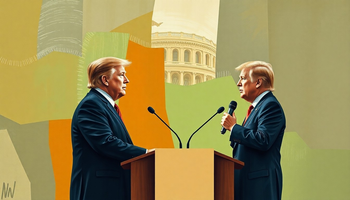 A dynamic, abstract painting featuring overlapping geometric shapes and waves of earthy green, ochre, and charcoal grey, conceptually representing the clash of political ideas and debate between two candidates.