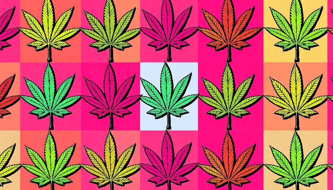A bold, colorful silkscreen-style illustration featuring a repeating pattern of a stylized cannabis leaf in vibrant neon hues, conceptually representing the festive atmosphere of 420 celebrations at local dispensaries.