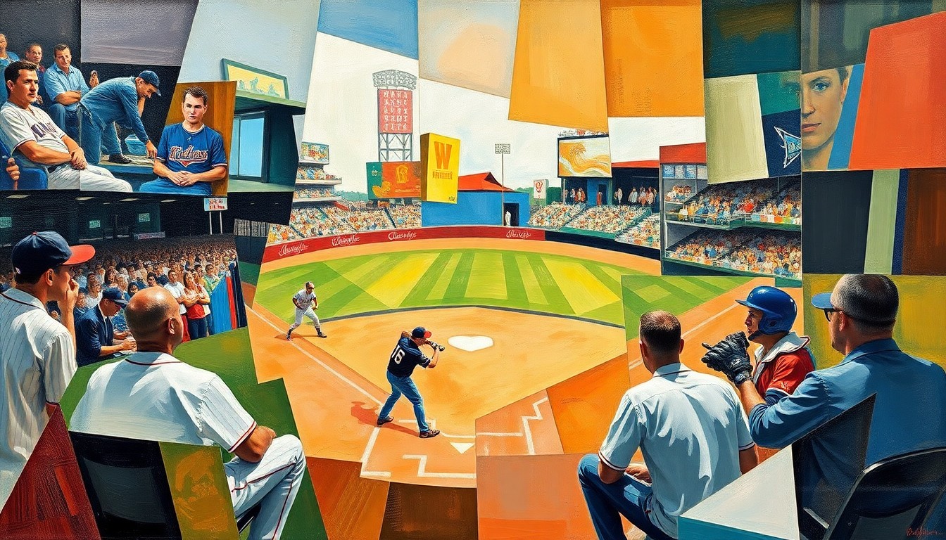 A cubist-style painting depicting a fragmented, geometric scene of a baseball game or coaching moment, conveying the multifaceted nature of Snitker's long tenure with the Braves organization.