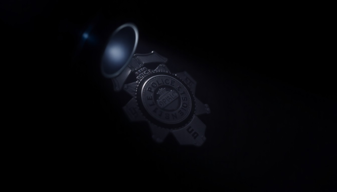 An extreme close-up photograph of a police badge or other law enforcement equipment, lit by a harsh, direct camera flash against a pitch-black background, creating a stark, gritty, investigative aesthetic.