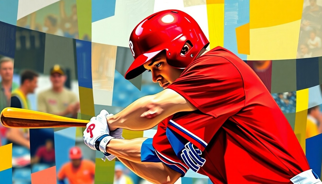 A fragmented, geometric painting depicting a baseball player's batting motion, with sharp planes of red and blue representing the Phillies' team colors, conveying the conceptual idea of the team's search for an offensive spark.