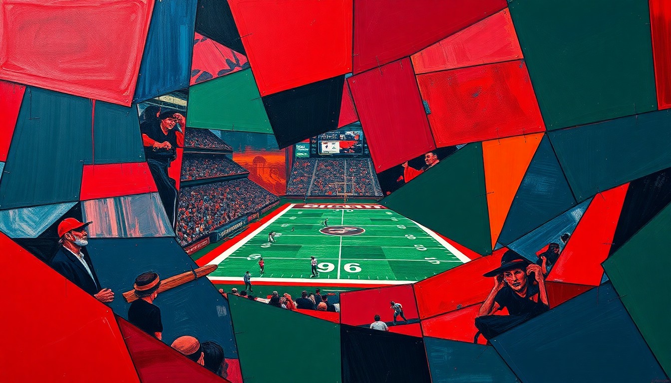 A cubist, geometric painting depicting fragmented and overlapping shapes in shades of red, blue, and green, conceptually representing the uncertainty and multiple possibilities surrounding the Chiefs' upcoming draft pick.