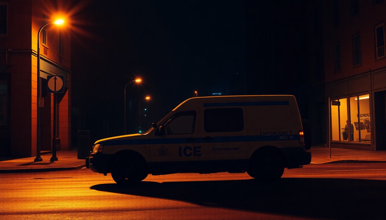 A solitary ICE enforcement vehicle parked on a dimly lit urban street, the warm sunlight casting deep shadows across the pavement and building facades, conveying a sense of quiet contemplation and uncertainty about the agency's future direction.