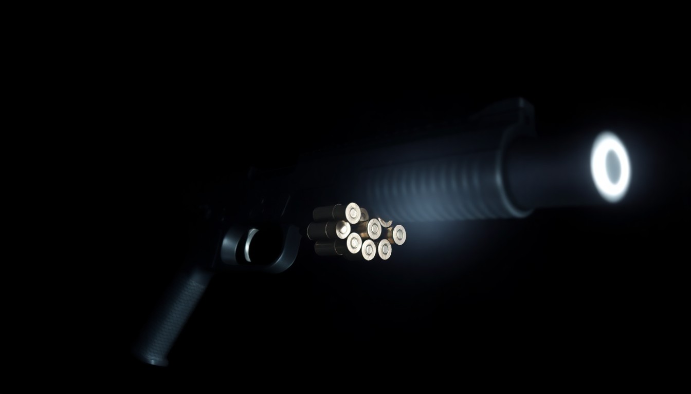 An extreme close-up photograph of a short-barreled AR-15-style pistol with 23 rounds of ammunition, lit by a harsh, direct camera flash against a pitch-black background, creating a stark, gritty, investigative aesthetic.