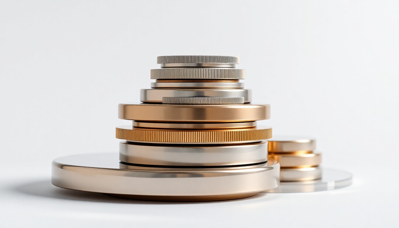 A minimalist studio still life photograph featuring a stack of sleek, polished metal and glass objects arranged elegantly on a clean white background, conceptually representing the data, analytics, and technology that power Caruso's AI-native fund administration platform.