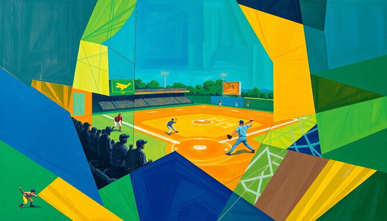 A cubist, geometric painting in navy, emerald, and gold depicting the dynamic action of a softball game, with players and the ball fractured into overlapping angular shapes, conveying the team's cohesive and competitive spirit.