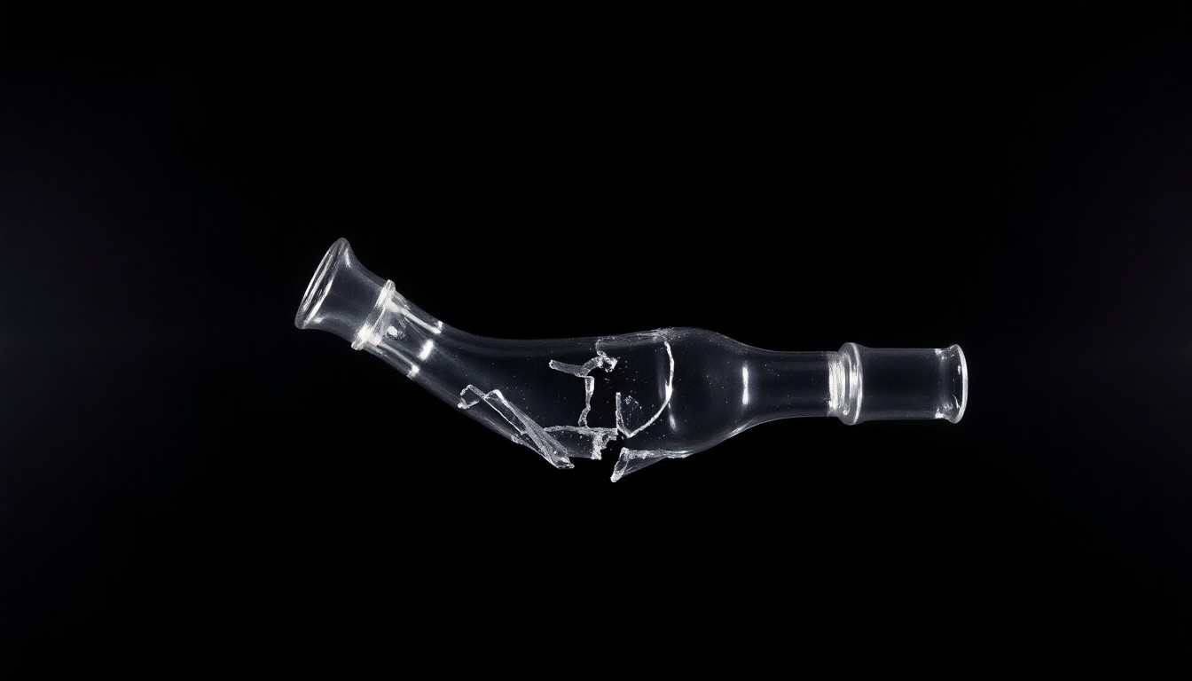 An extreme close-up photograph of a shattered glass pipe or bong, reflecting a harsh flash of light against a pitch-black background, conceptually illustrating the aftermath of a crime at a local smoke shop.