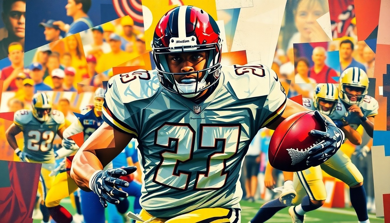 A fractured, geometric painting depicting a defensive player in motion, with sharp, overlapping planes of color and form capturing the dynamic energy of the game.
