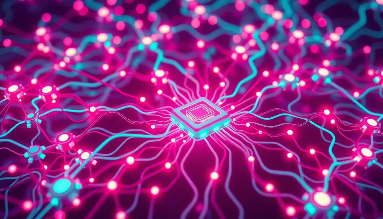 A highly detailed, glowing 3D illustration of a complex network of interconnected circuits, cables, and data nodes in shades of neon cyan and magenta, conveying the hidden risks and vulnerabilities within browser extensions and AI agents.