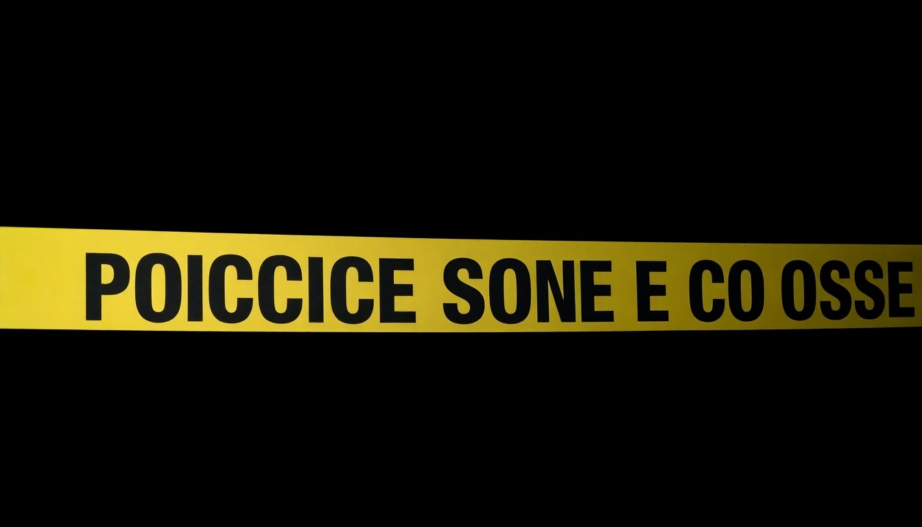 An extreme close-up of yellow and black police crime scene tape, the texture and material details emphasized by the harsh flash lighting against a dark background, conceptually representing the urgency and investigation of a local incident.