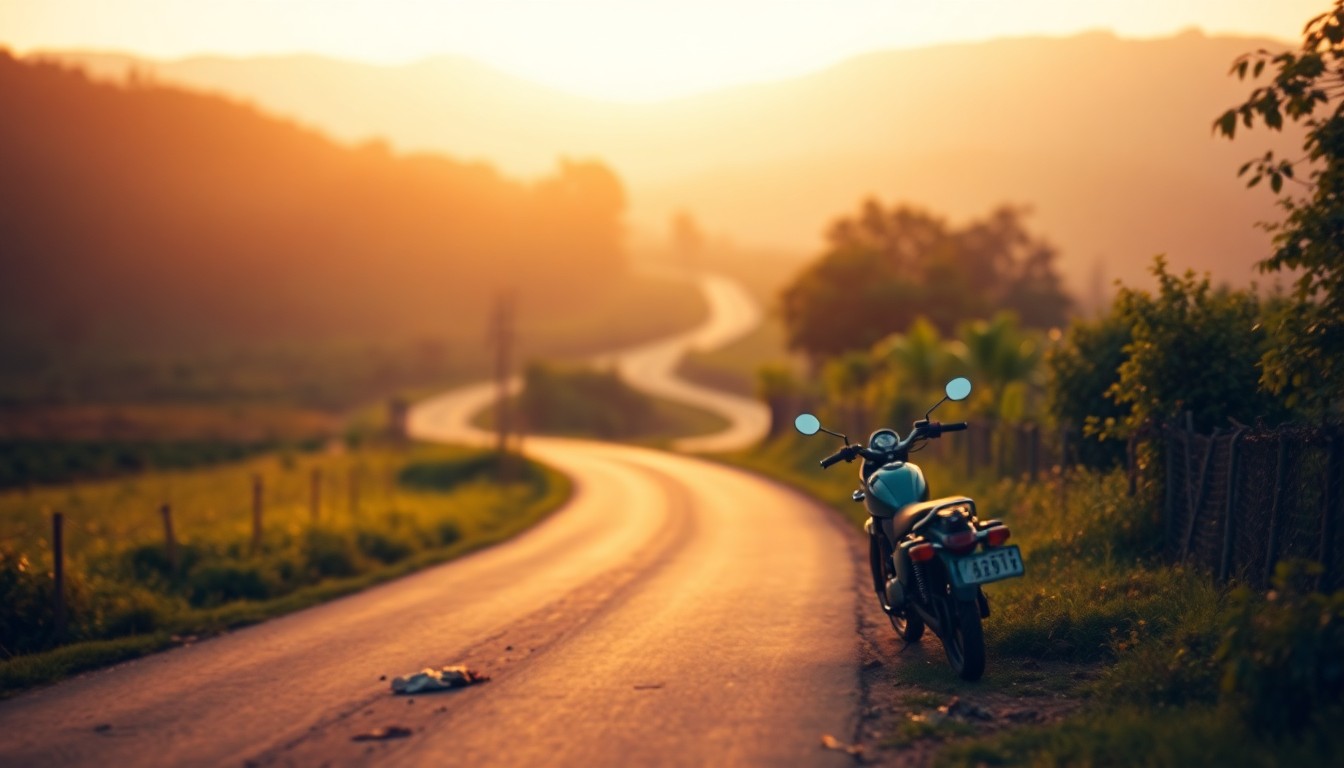 An abstract, out-of-focus photograph in warm, earthy tones depicting a rural road and a lone motorcycle, conceptually representing the tragic passing of a community member.