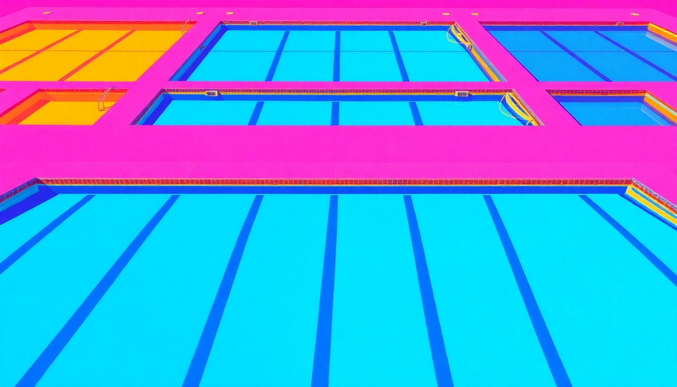 A grid of brightly colored, high-contrast silkscreen images of a swimming pool, rendered in a vibrant, neon color palette that captures the energy and tension around the school board's pool plans.