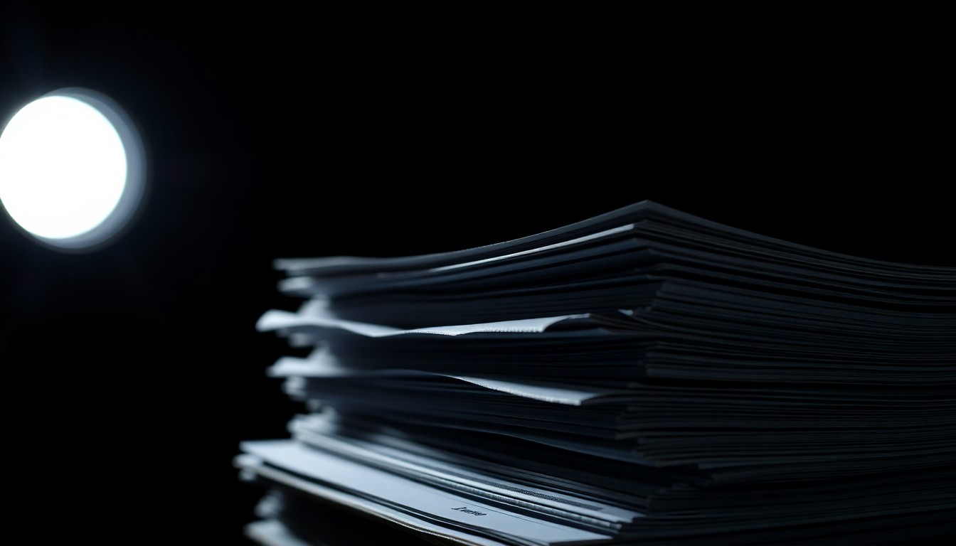 An extreme close-up photograph of a stack of financial documents or accounting ledgers, with a stark, dramatic lighting that casts deep shadows, conveying a sense of the complexity and gravity of the financial crimes under investigation.