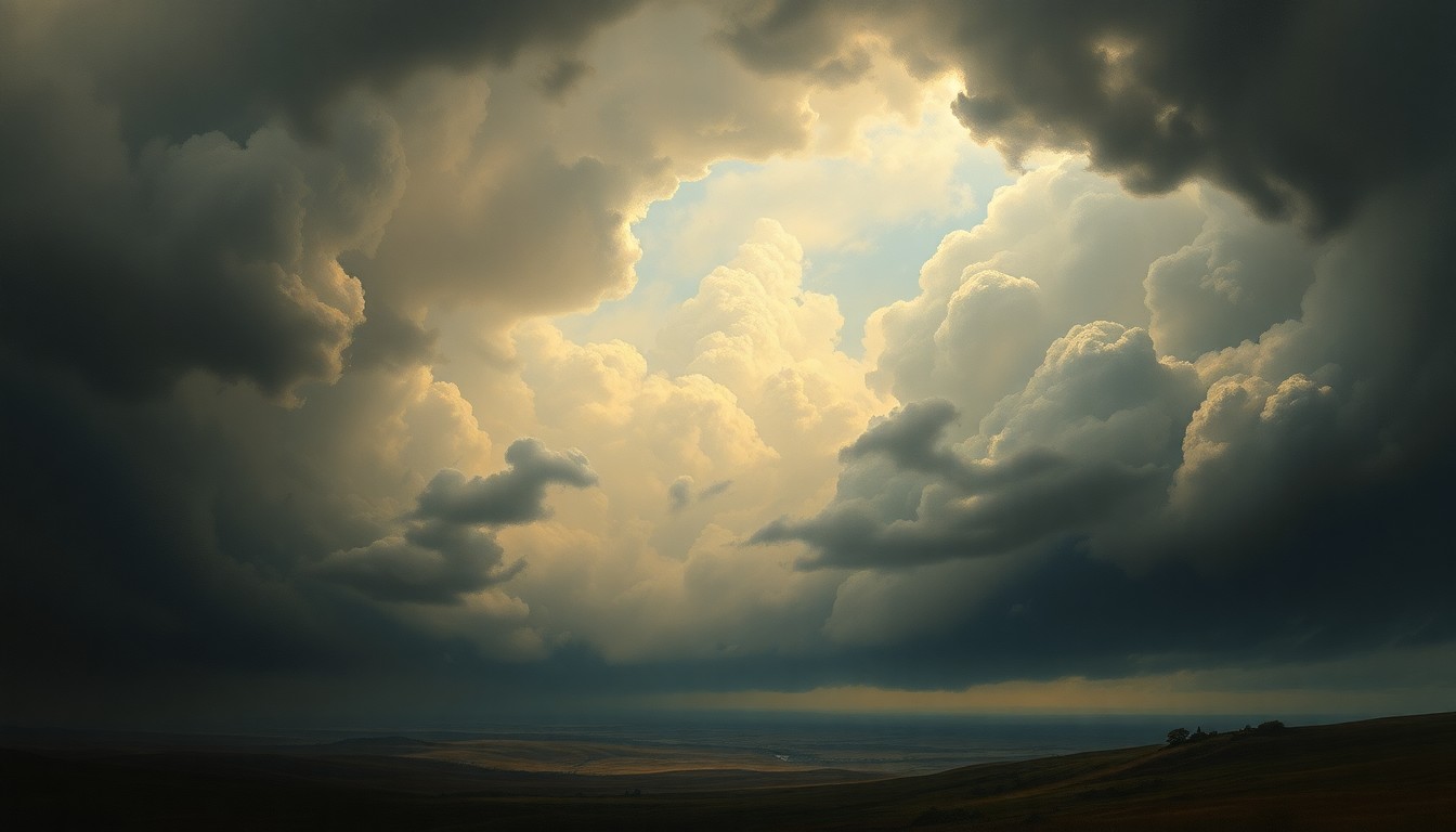 A sweeping, atmospheric landscape painting in muted tones of grey, blue, and green, with heavy storm clouds dominating the sky and obscuring the distant horizon, conveying a sense of the overwhelming scale and power of nature.