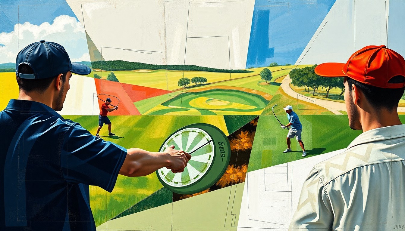 A cubist, geometric painting depicting a disc golf game in progress, with the players, course, and disc itself broken down into abstract shapes and angles.