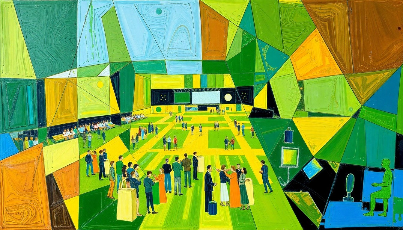 A cubist, geometric painting in shades of green, gold, and blue, depicting the fractured, multi-perspective action of a high school FFA competition.