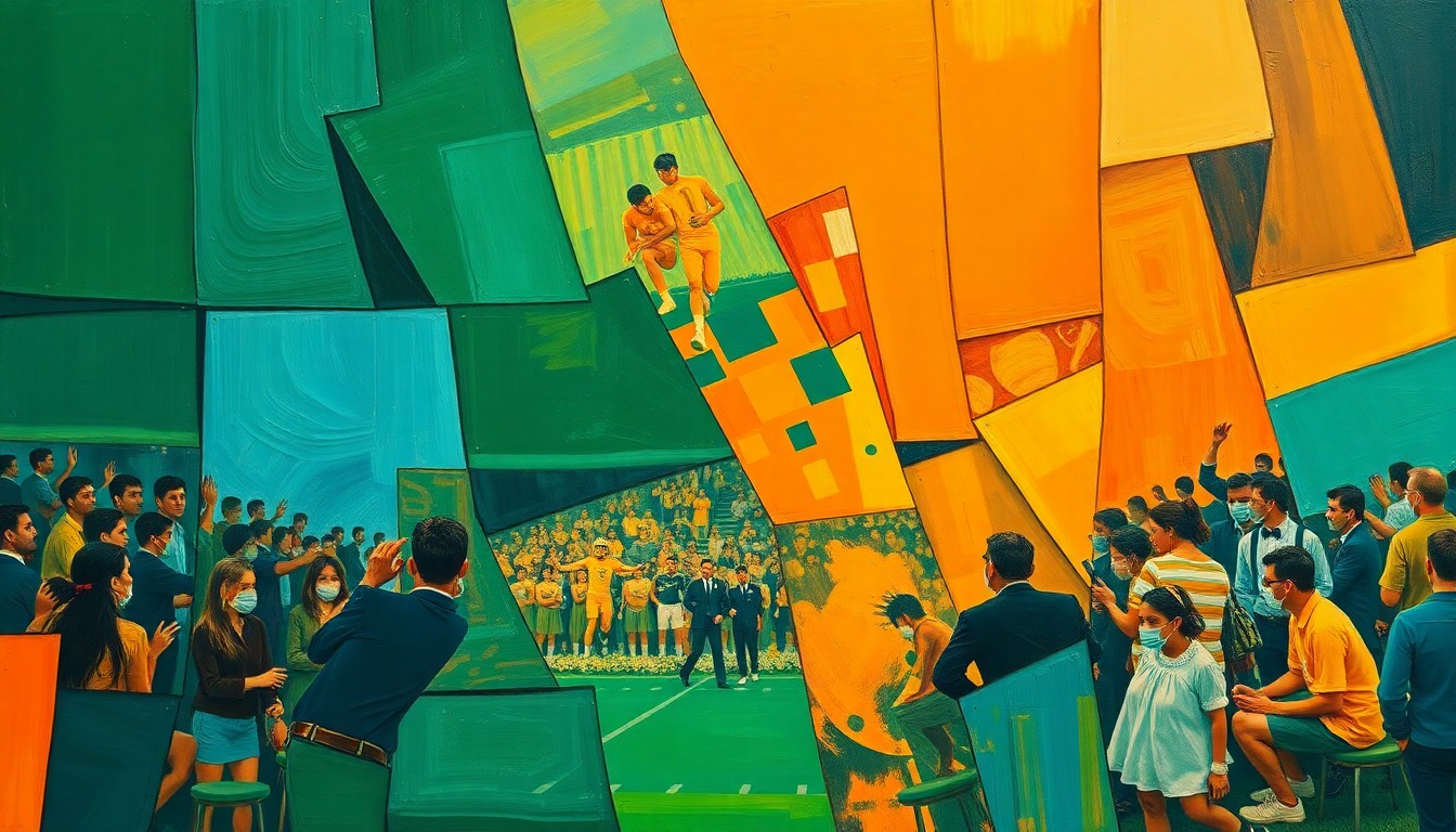 A cubist, geometric painting depicting fragmented, overlapping shapes and planes in shades of green, blue, and orange, representing the close friendship and shared moments between two professional football players.