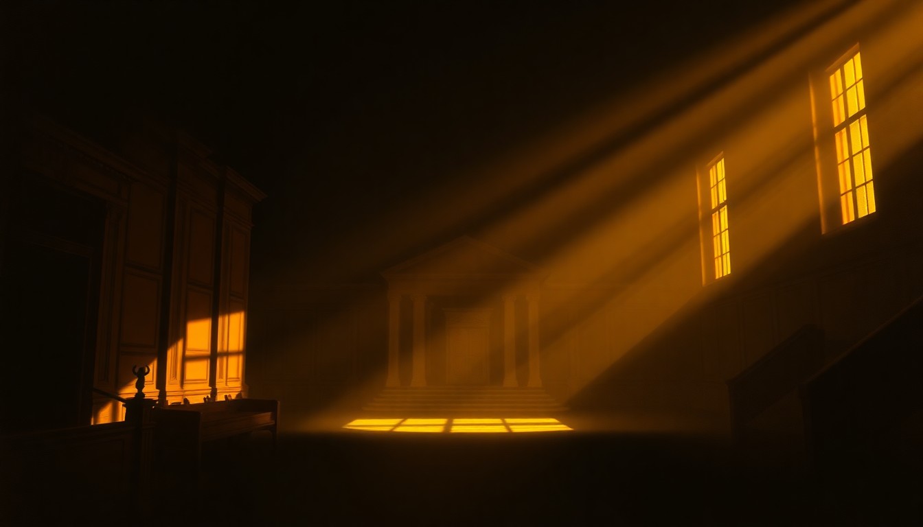 A moody, cinematic painting of an empty, shadowy government building or courtroom interior, with warm diagonal sunlight and deep shadows, conveying a sense of unfinished business and lingering questions around the Epstein case.