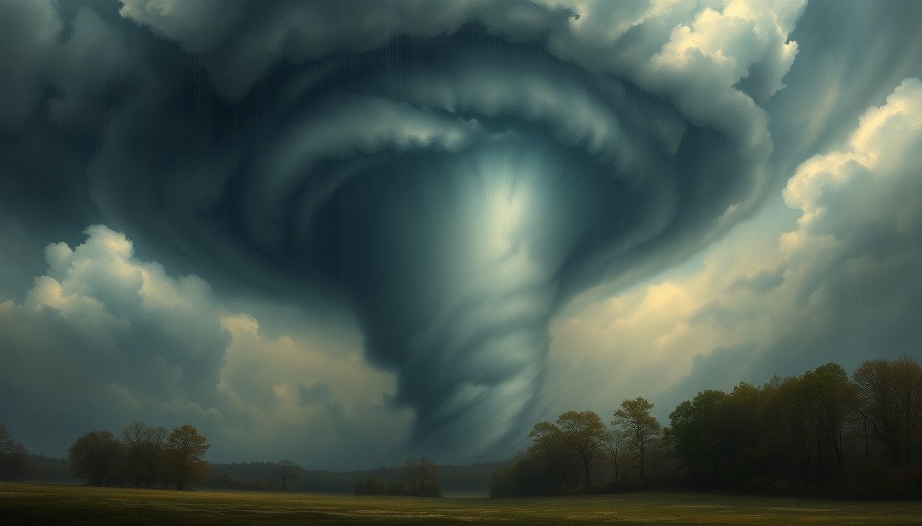 A dramatic landscape painting in the style of Caspar David Friedrich, depicting a massive tornado as a swirling vortex of dark clouds and heavy rain, dwarfing the trees and structures in the foreground and conveying the overwhelming power of the natural disaster.